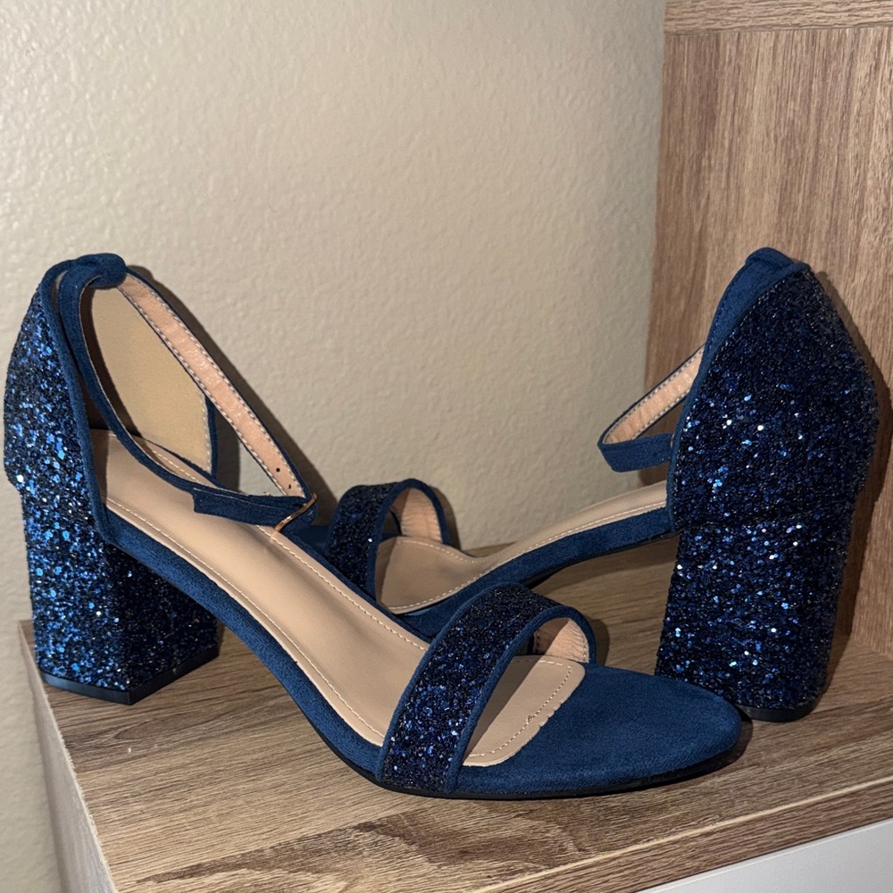 Elegant Navy Blue Glitter Block Heel Sandals